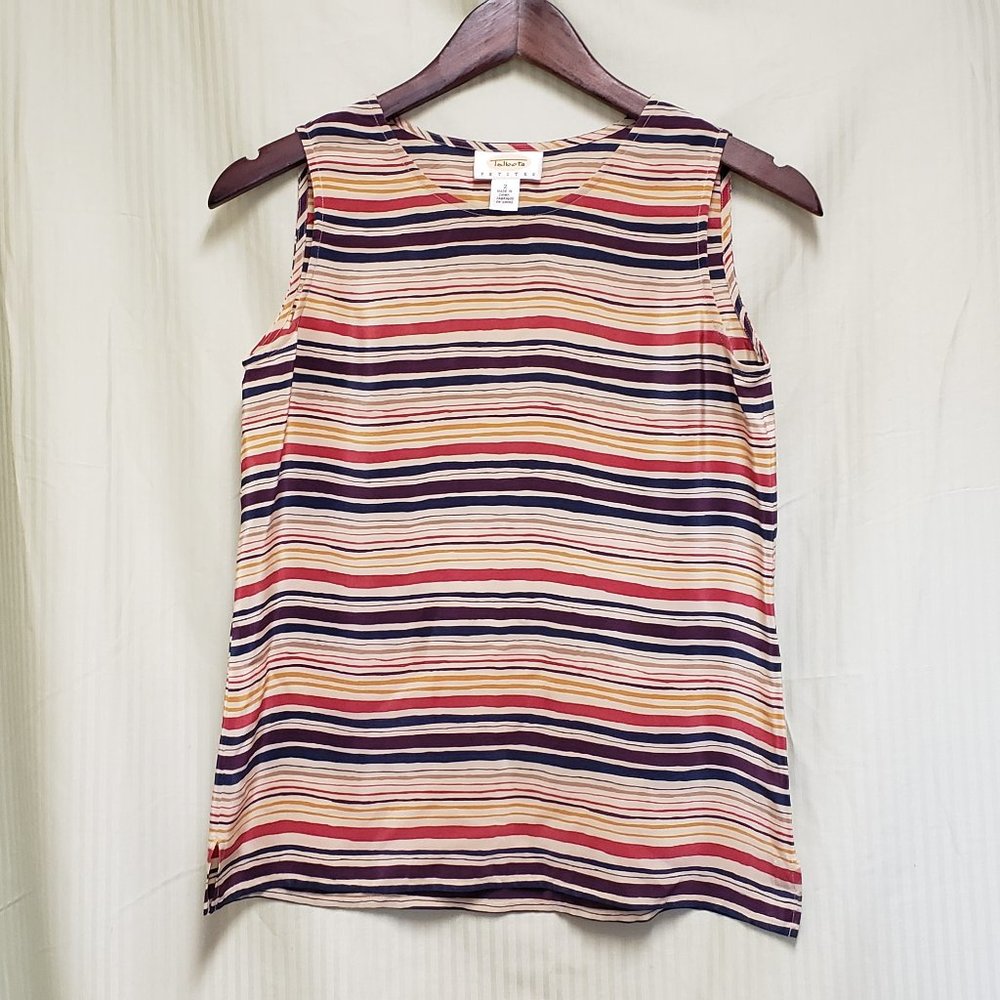 🍁Talbots Petite Size 2, 100% Silk Sleeveless Blouse w/ multi color strips.